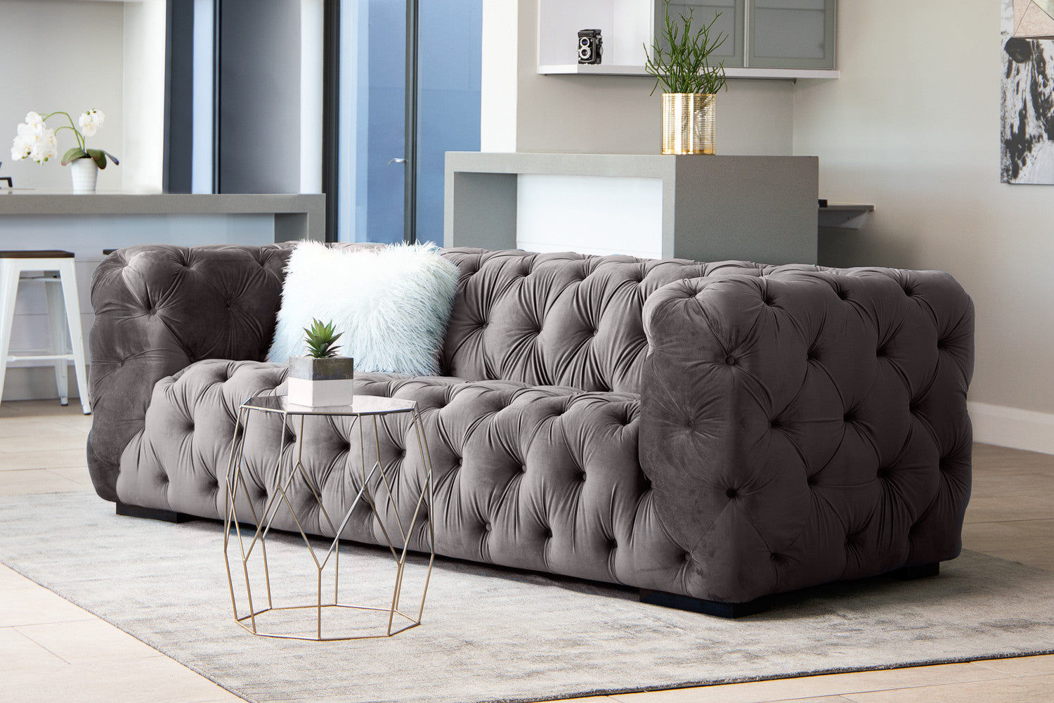 Fio Furniture Turquois Blue Velvet Tufted Button 3 Seater Couch - Beige