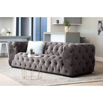 Fio Furniture Turquois Blue Velvet Tufted Button 3 Seater Couch - Beige