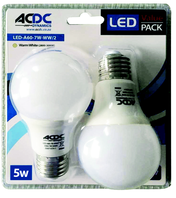 110-240VAC 5W Warm White A60 B22 LED Lamp / 2 Per Pack