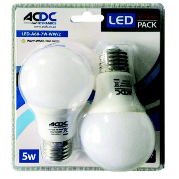 110-240VAC 5W Warm White A60 B22 LED Lamp / 2 Per Pack