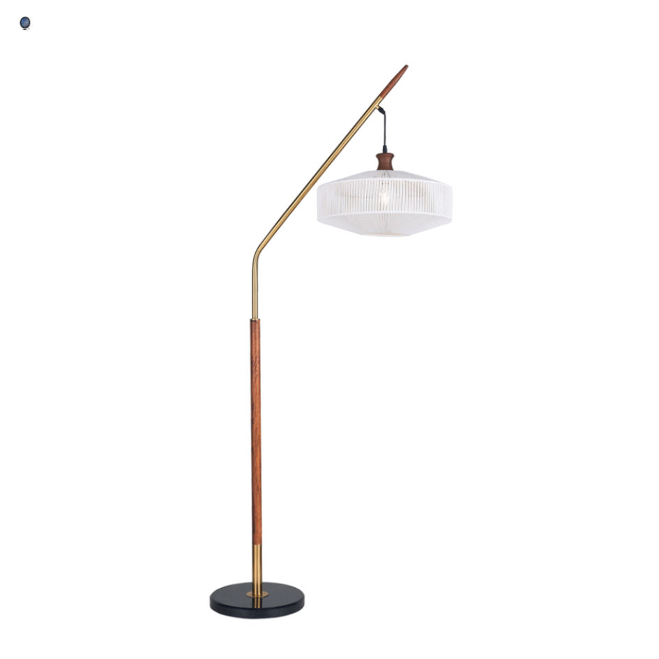 Metal  Wood Finish and Hemp Rope Standing Lamp with Black Marble Base
