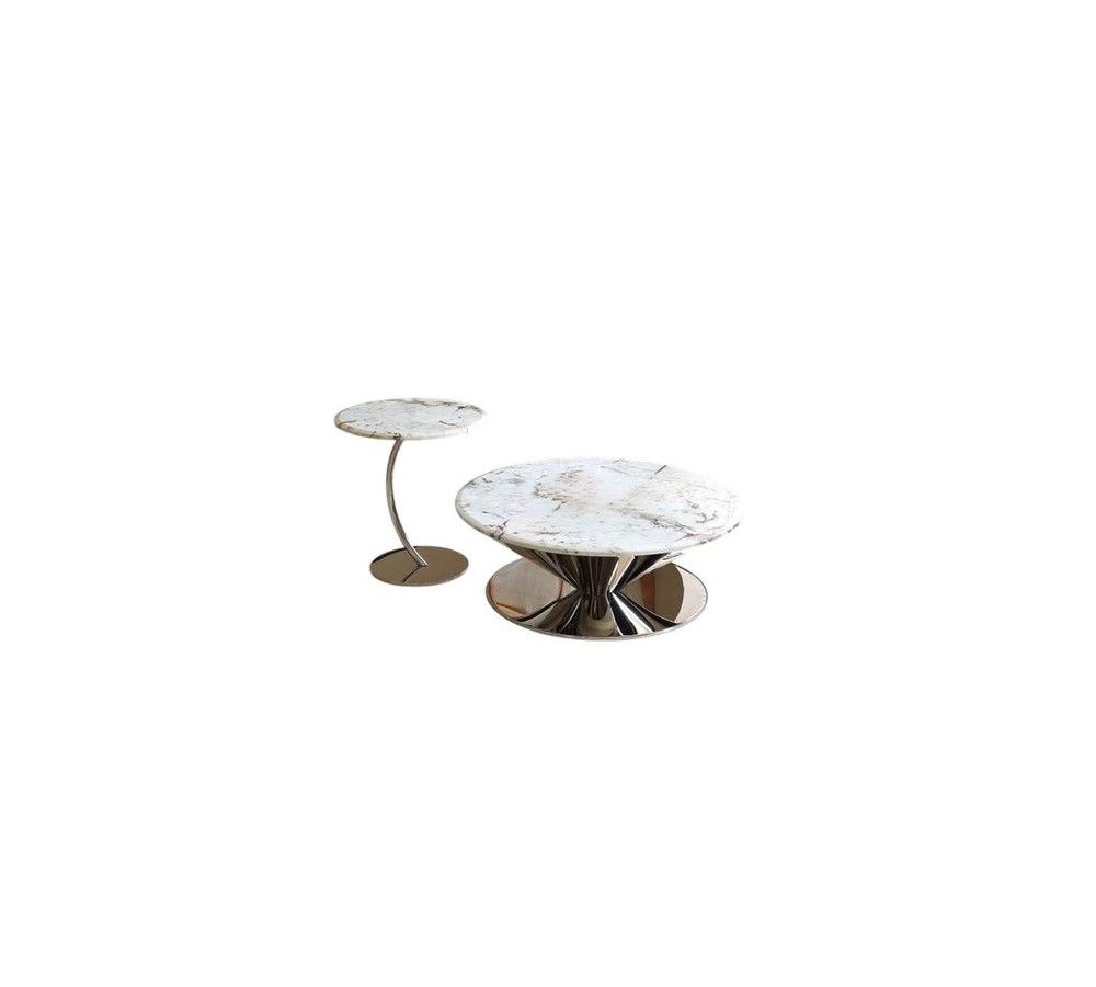 White, Silver Ceramic Round Coffee Table