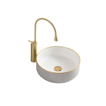 Counter top Ceramic Basin / table top - Alyssa - Gloss White&Gold Round