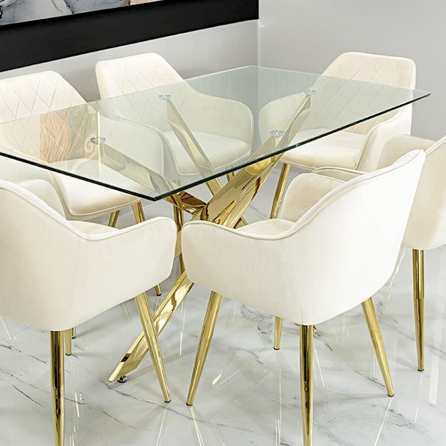 MM20 Clear glass 6 Seater Set Dining Table with Velvet Chairs
