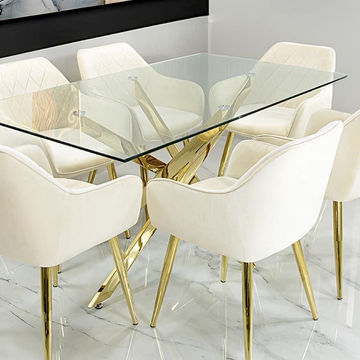 MM20 Clear glass 6 Seater Set Dining Table with Velvet Chairs