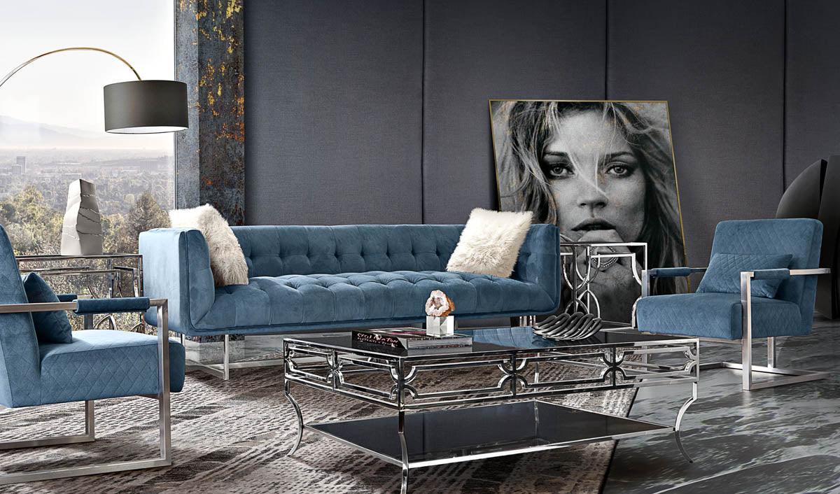 Fio Furniture Wood blue Rose Velvet 4 piece sofa set