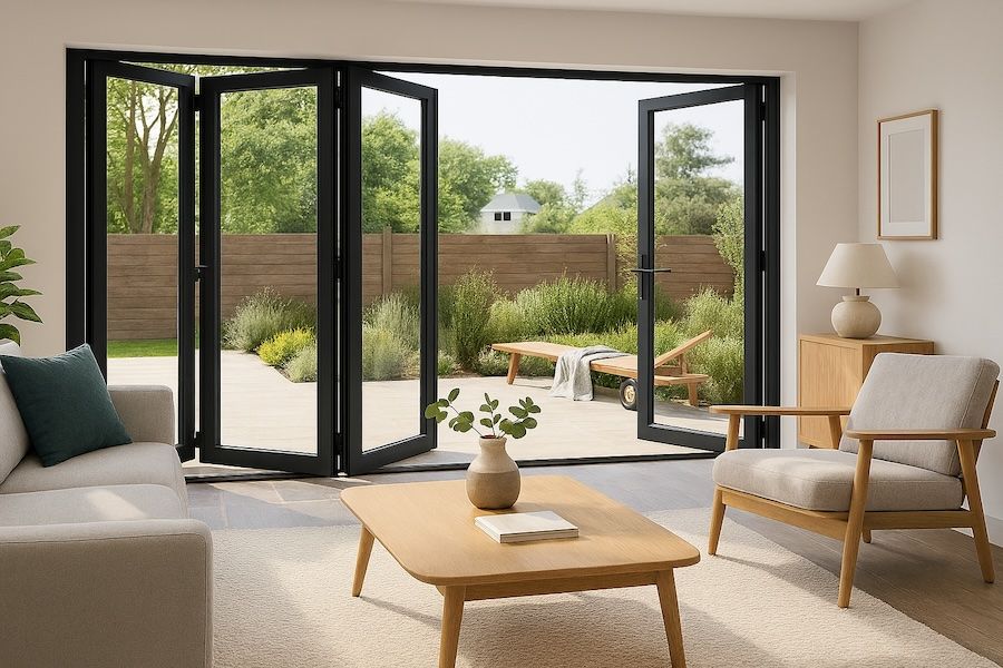 Kenzo - SFD4FG6RC - Aluminium Fold A-Side Door 2.4mx2.1m Charcoal 3 Doors Open Right, 1 Door Open Left Viewed From Outside