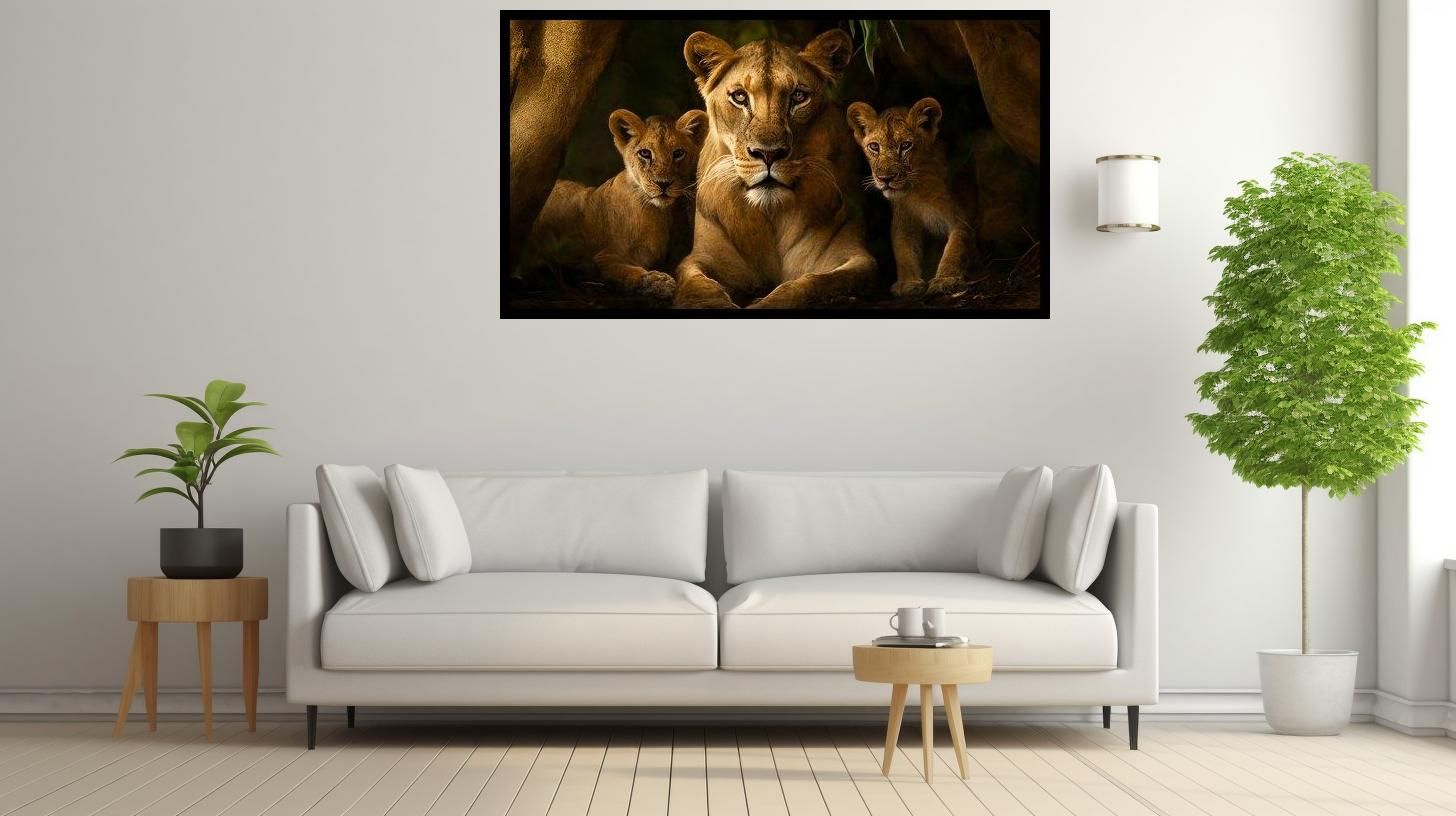 Canvas Wall Art - Lionness with 2 cubs - B1593 [120 x 80 cm]