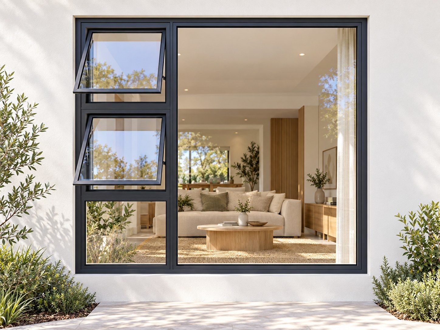 Kenzo Premium Top-Hung Aluminium Window - Charcoal, 2400 1800 mm, Left Two Openers with Fixed Lower and Side Panes, Clear Glass