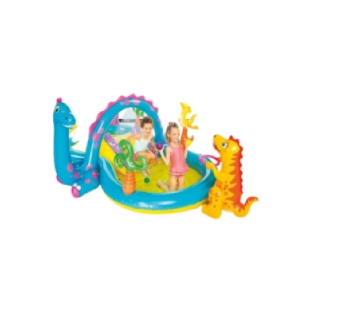 Inflatable Swimming Pool Water Play Centre with Dinosaur Slide, Kids Summer Outdoor (Orange Dino)