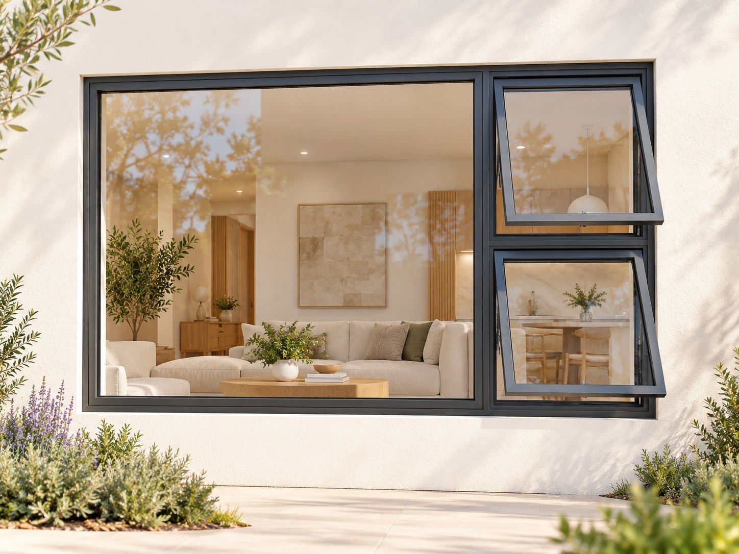 Kenzo Premium Top-Hung Aluminium Window - Charcoal, 2400 1200 mm, Right Two Openers with Fixed Side Pane, Clear Glass