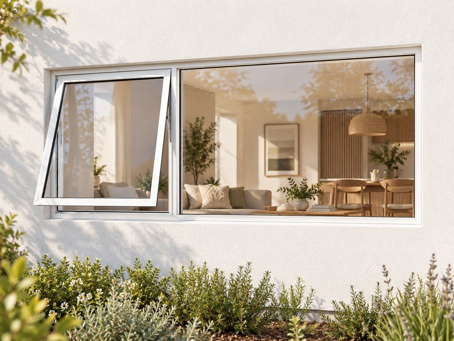 Kenzo Premium Top-Hung Aluminium Window - White, 1800 600 mm, Left Upper Opener with Fixed Side Pane, Clear Glass