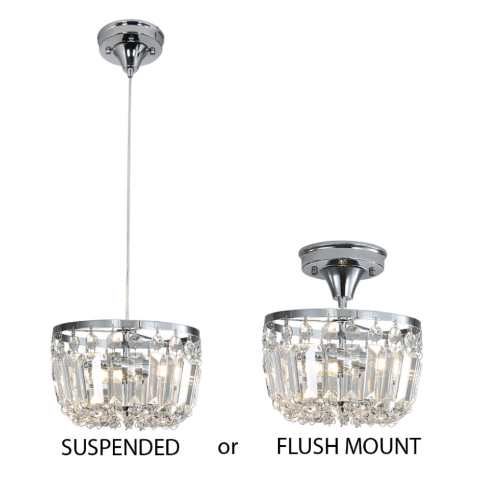 2 in 1 Pendant and Ceiling Light Polished Chrome and Crystal Fitting with Clear Cable