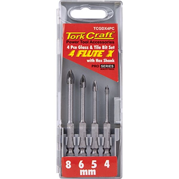 Glass & Tile Drill 4 Flute Set 4Pc 4/5/6/8Mm In Plastic Case
