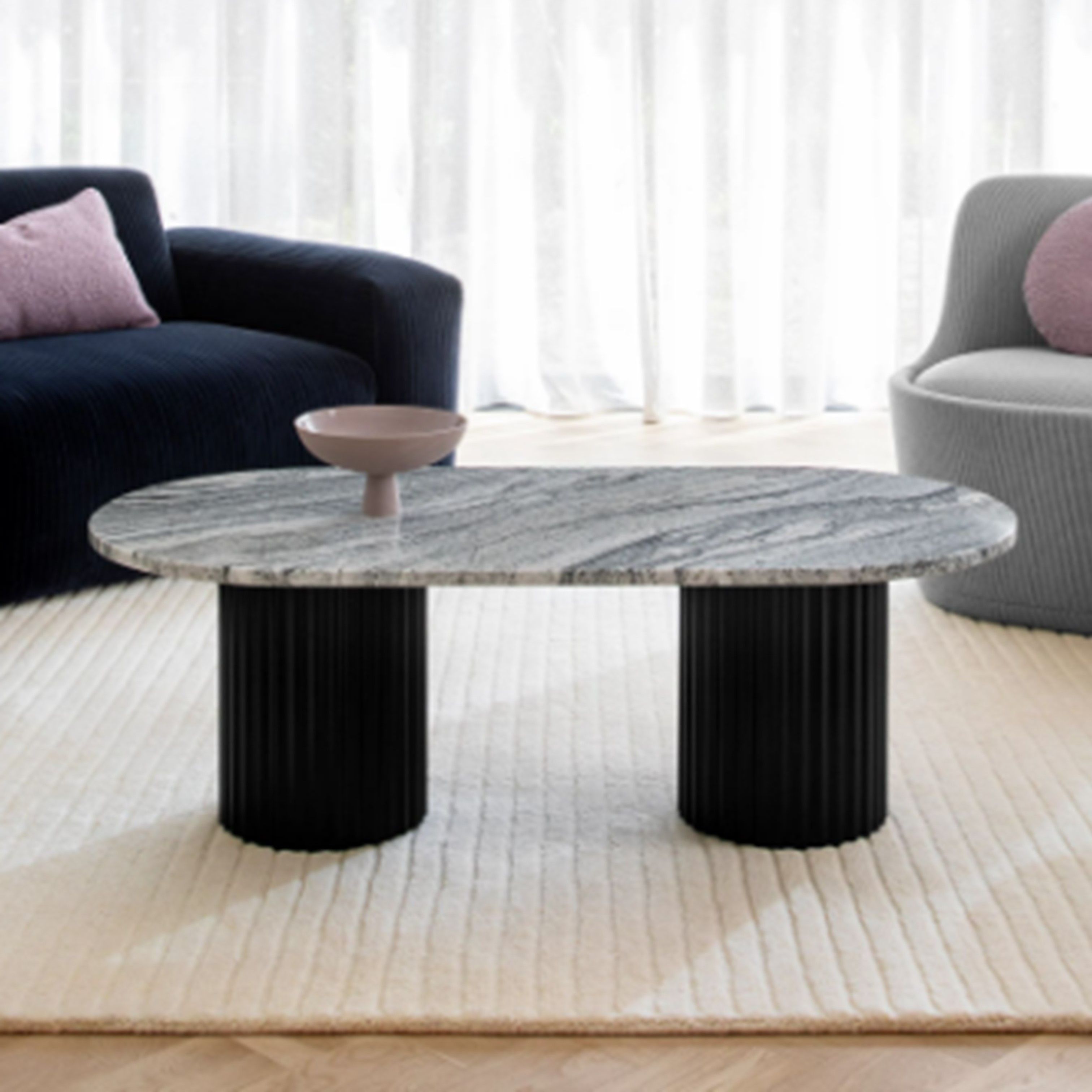 Madiega Furniture - Oval Marble Coffee Table with Black Bases