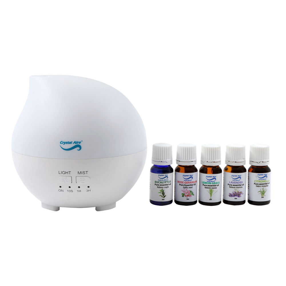 Crystal Aire Aroma Raindrop Diffuser with 5 Essential Oils Pack (Rose Geranium, Lemongrass, Eucalyptus, Citronella & Lavendar)