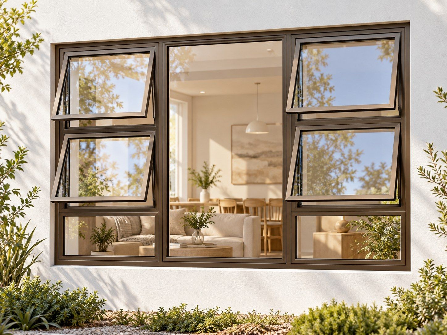 Kenzo Premium Top-Hung Aluminium Window - Bronze, 2100 1500 mm, Four Openers with Fixed Centre and Lower Panes, Clear Glass