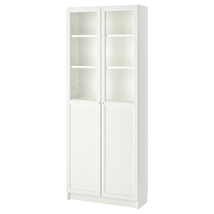 BILLY / OXBERG Bookcase with panel/glass doors, White, 80x30x202cm