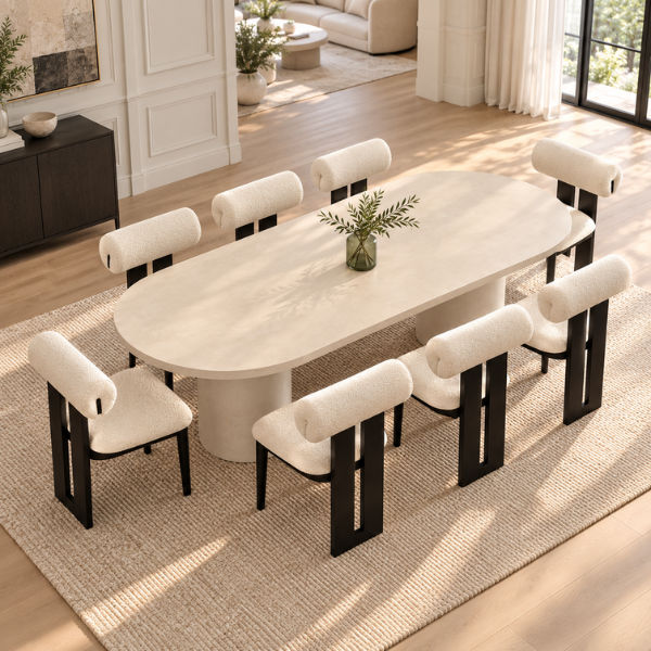 Lucky Furniture 9-Piece Ivory Wooden Dining Set with 8 Cream Bouclé Chairs – Black Frames