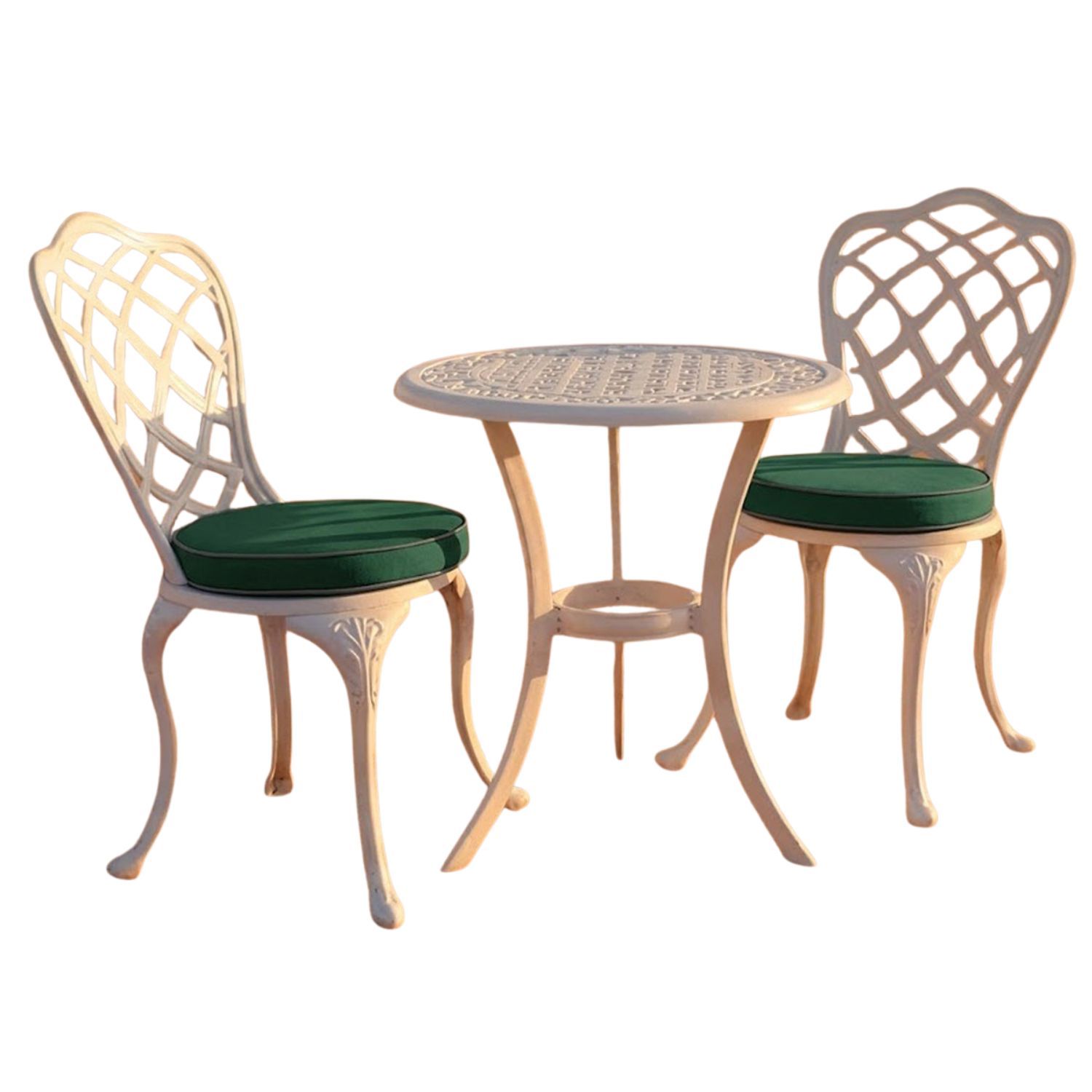 Coral Aluminium Dining Set 2-Seater 600mm Round - White, Green Cushions