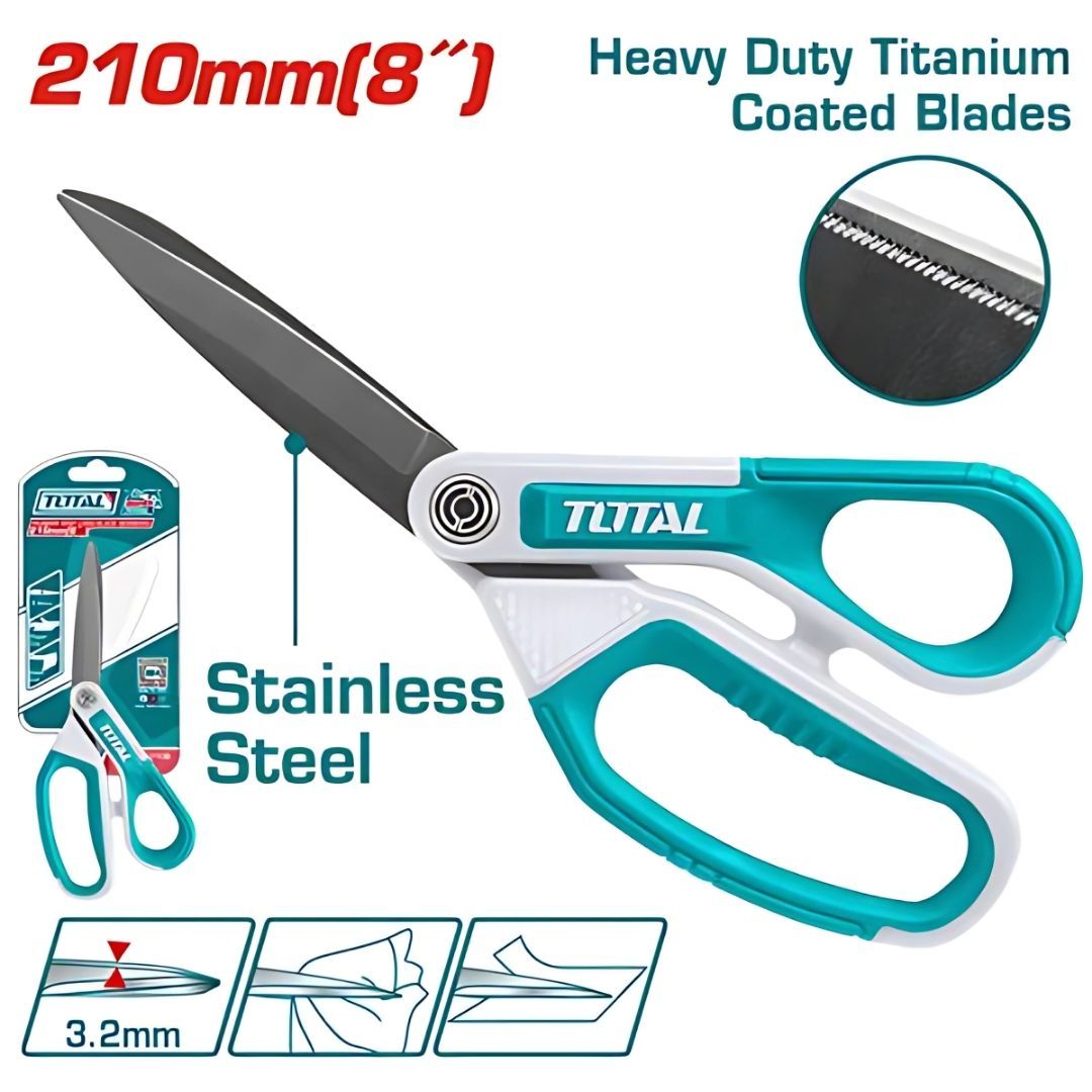 Total 8"/210Mm Rubber Grip Long-Blade Scissors Bld Thickness 3.2Mm- 2 Pack