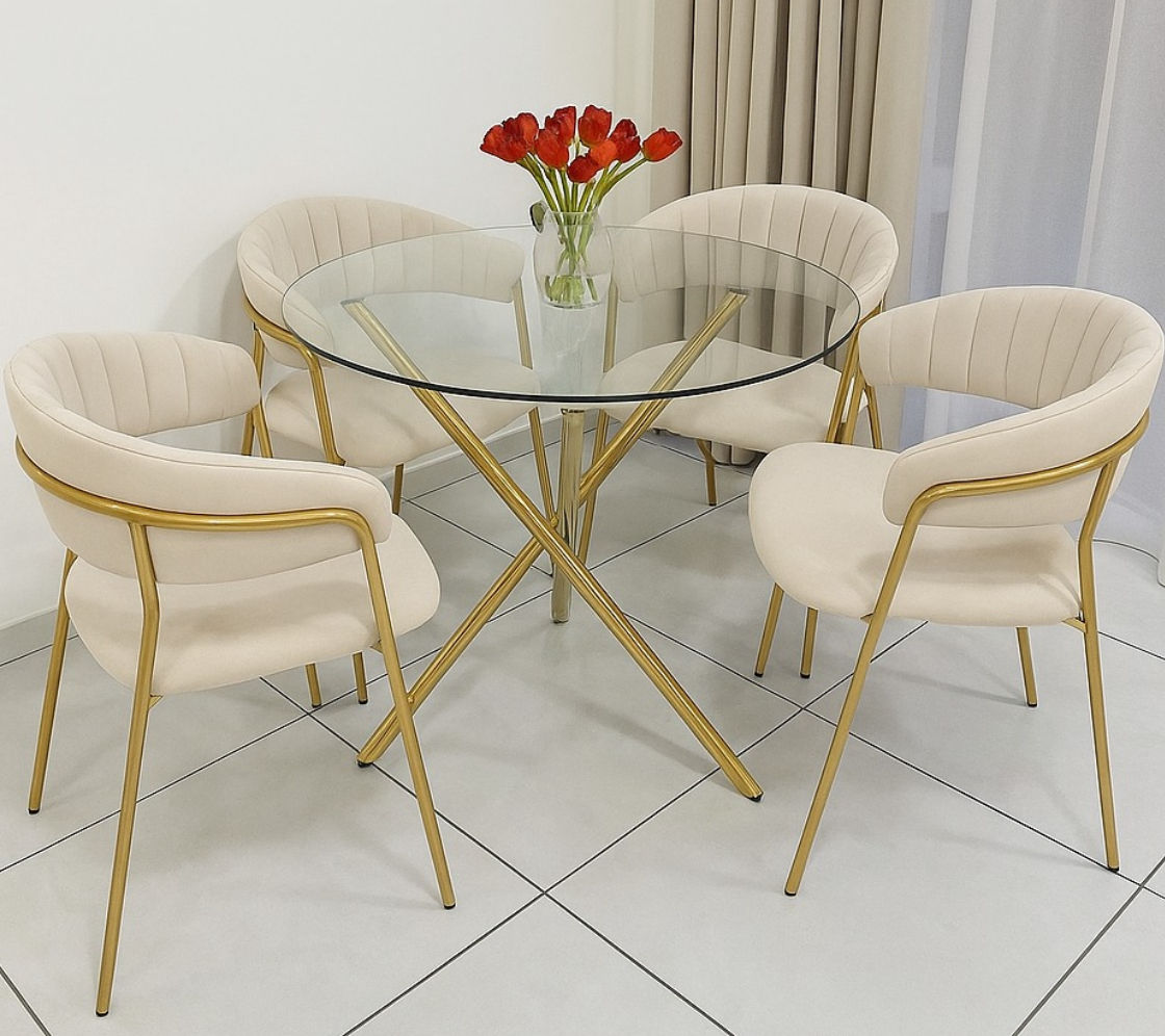EFURN- JY 4 seater Dining Set with round glass table ( Cream)