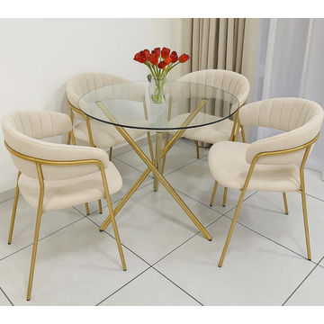 EFURN- JY 4 seater Dining Set with round glass table ( Cream)