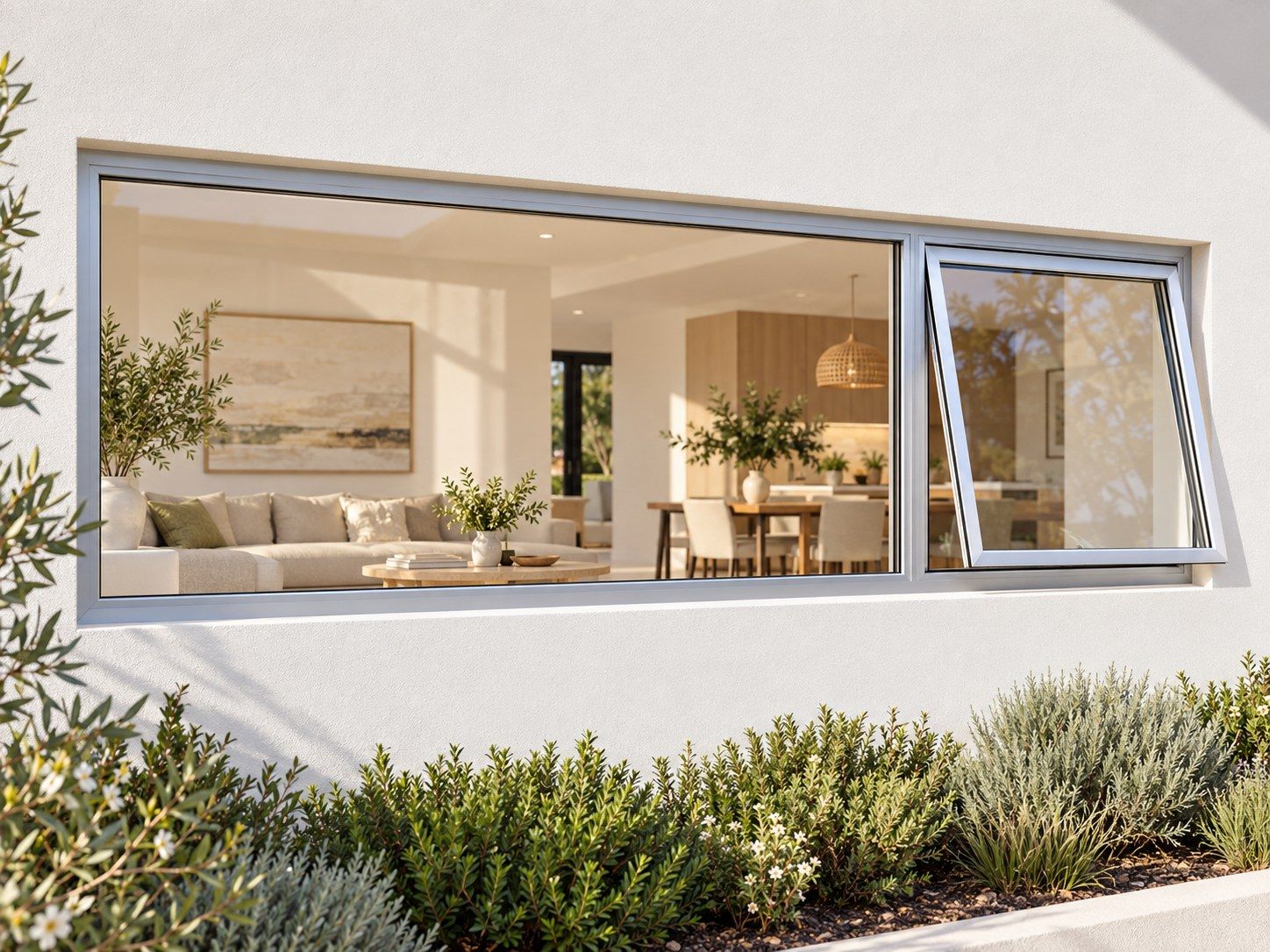 Kenzo Premium Top-Hung Aluminium Window - Silver, 2400 600 mm, Right Upper Opener with Fixed Side Pane, Clear Glass