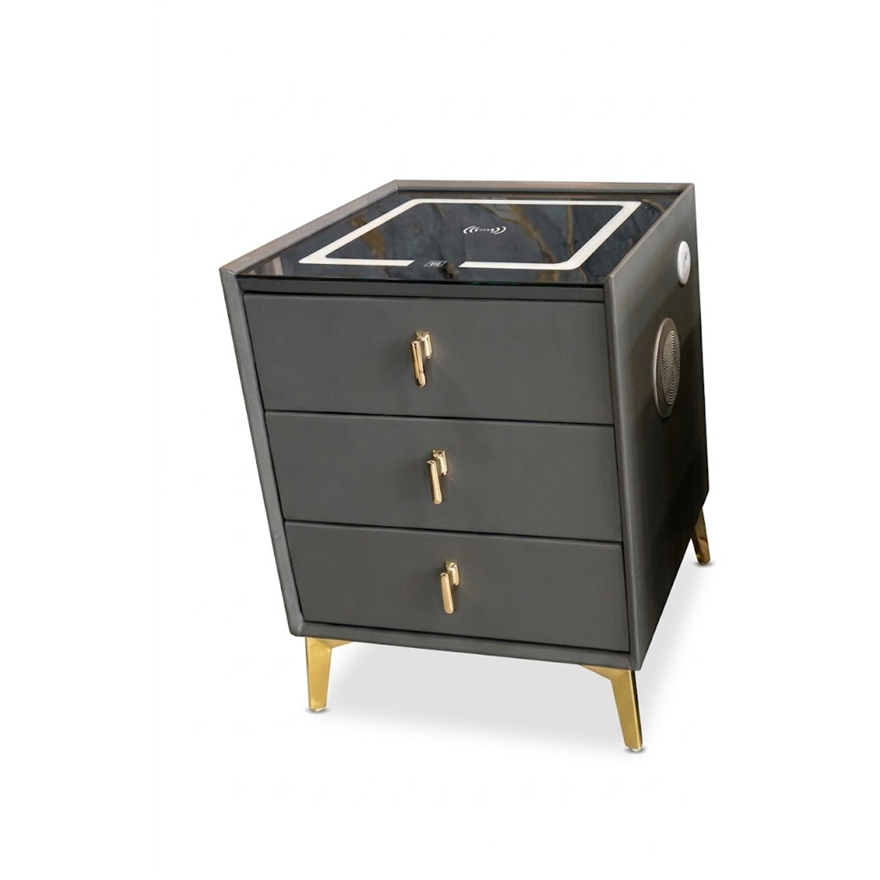 Madiega Furniture - Charcoal grey Smart Leatherette Nightstand with Wireless Charging, LED Lighting & Bluetooth Speaker