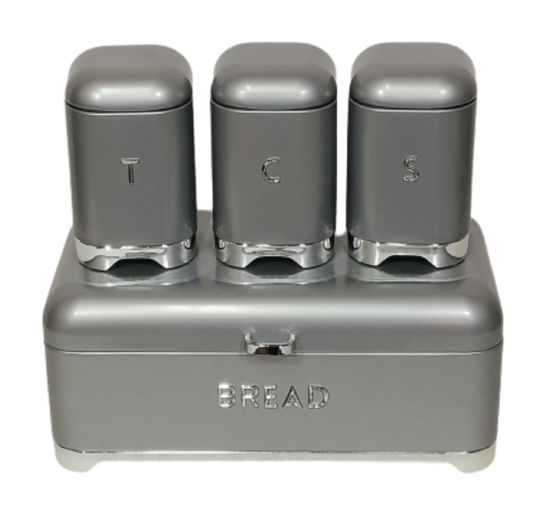 4pc Bread Bin And Canister Set - Grey
