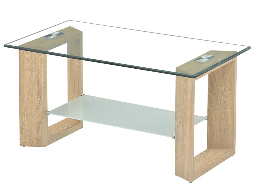 Modern glass coffee table with wooden oak base