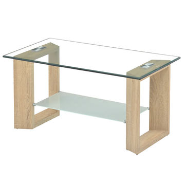 Modern glass coffee table with wooden oak base