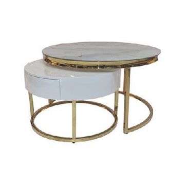 Modern Nesting Round End Coffee Table and Table with Drawer