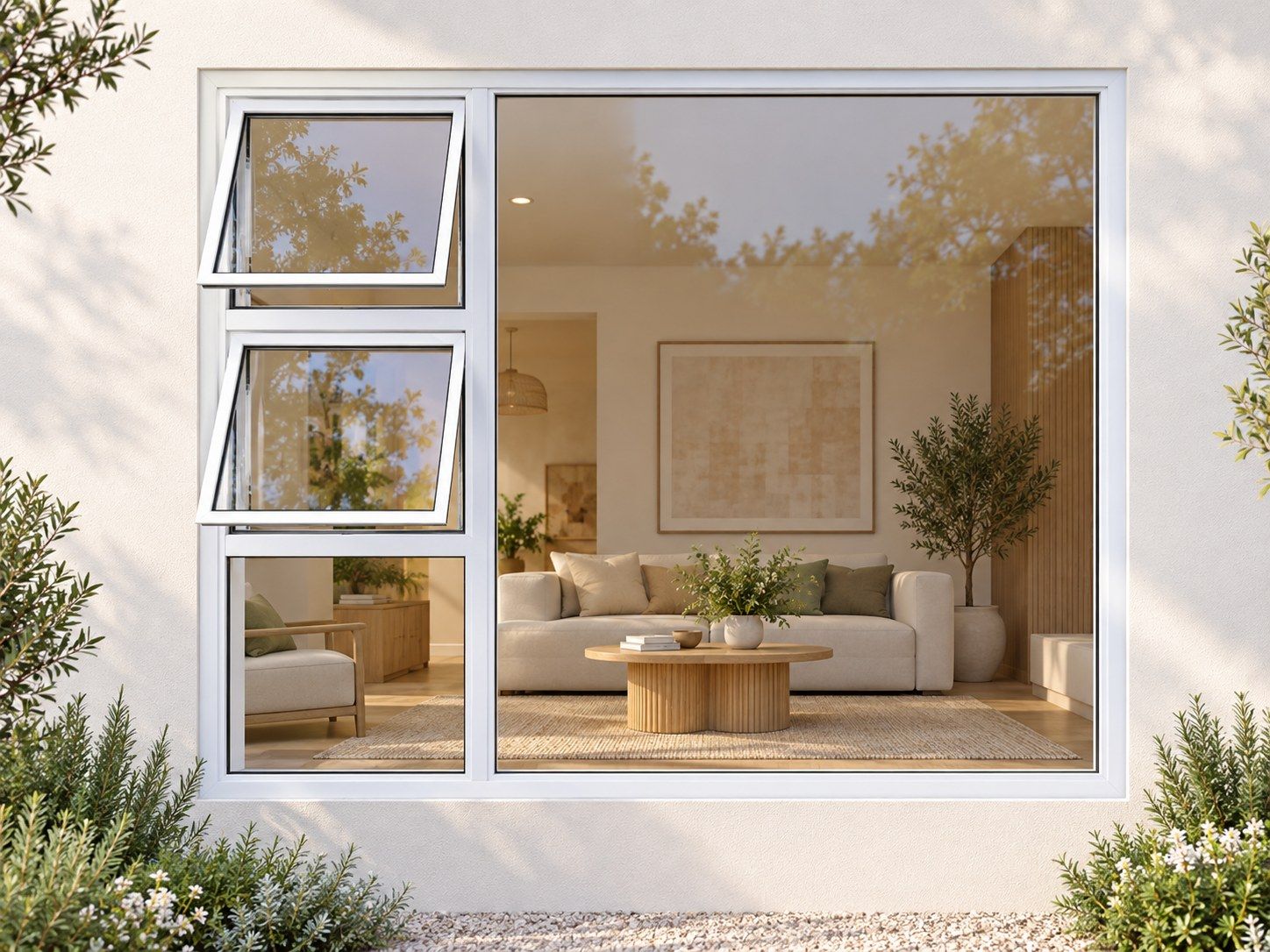 Kenzo Premium Top-Hung Aluminium Window - White, 2400 1800 mm, Left Two Openers with Fixed Lower and Side Panes, Clear Glass