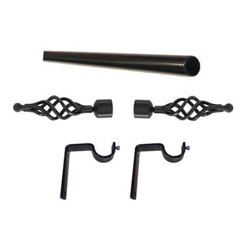 Matoc 32mm Curtain Single Metal Pole Set -BigBasket Finials -Black -1.5m