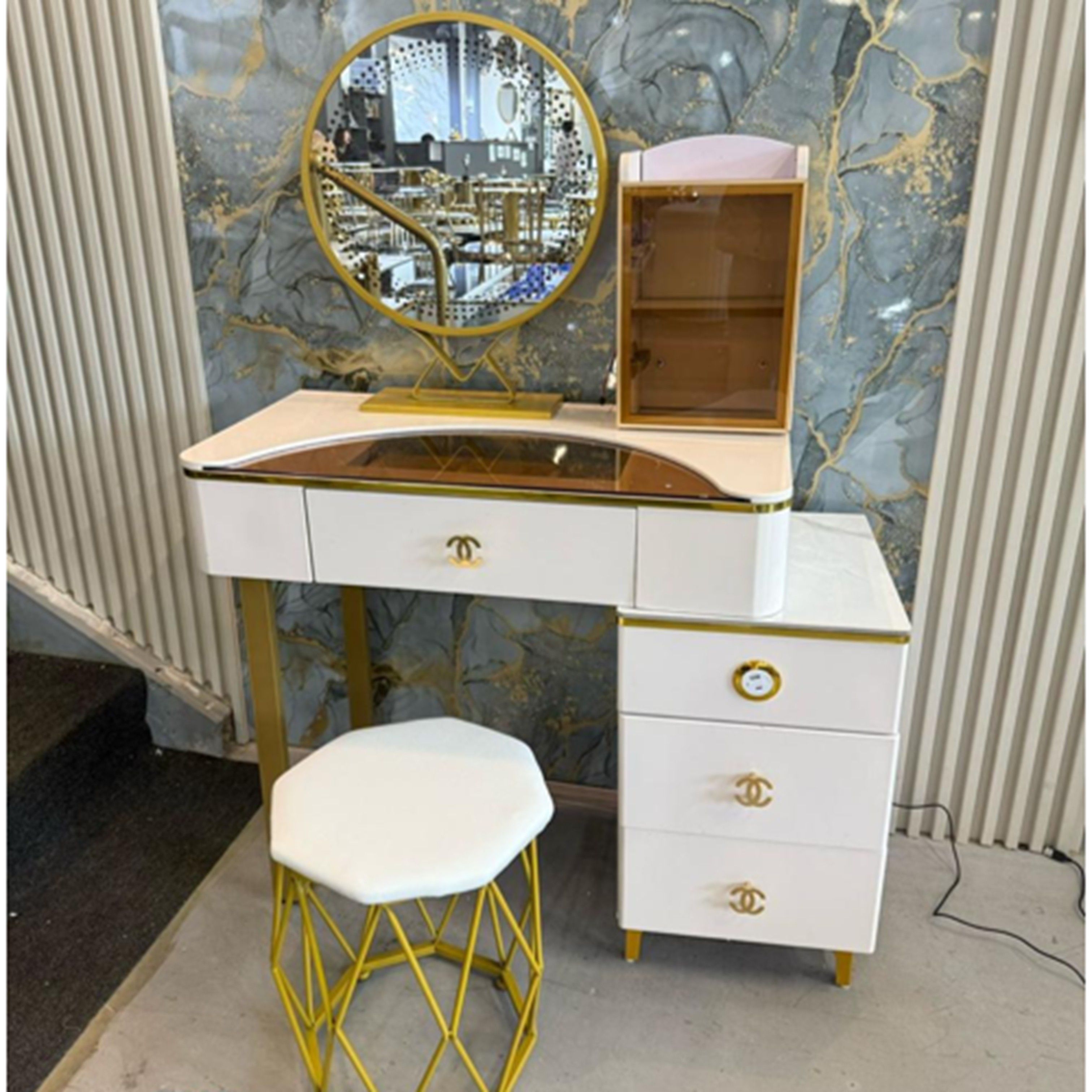 Madiega Furniture - Elegant White & Gold Dressing Table Set