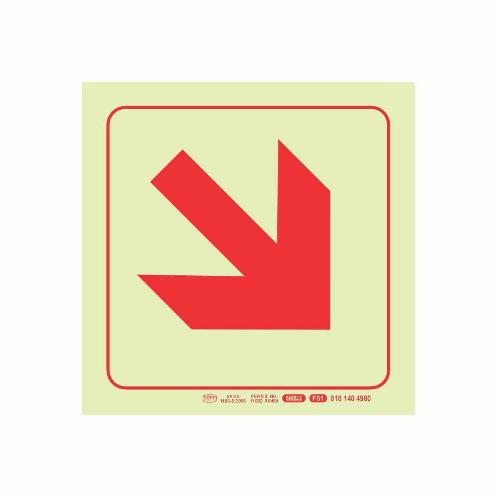 Photoluminescent 190mm Safety Sign F51 Diagonal Arrow Down And Right
