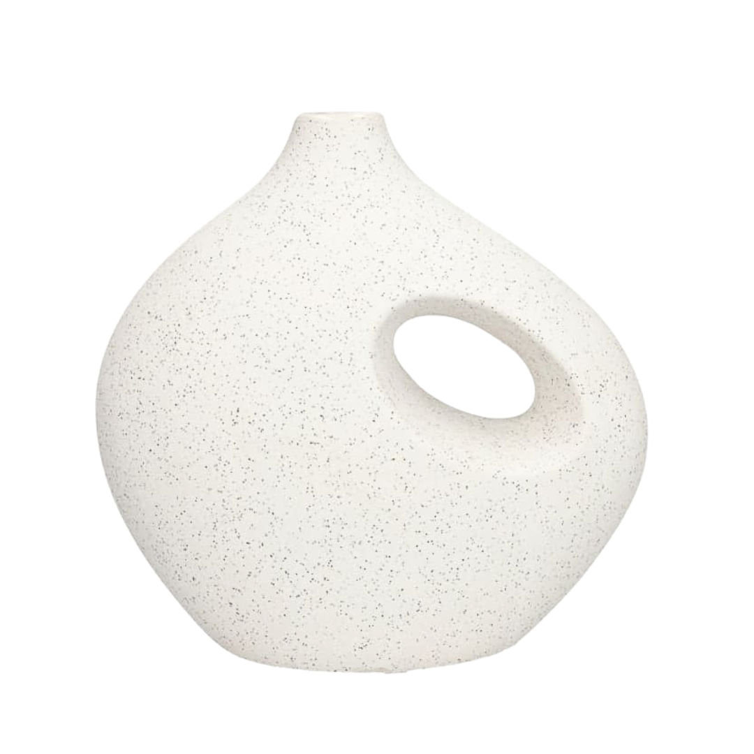 Danny Home Modern Asymmetric Ceramic Pitcher Flower Vase with Cutout Handle (21 x 11.5 x 20.7cm) – Speckled Textured White