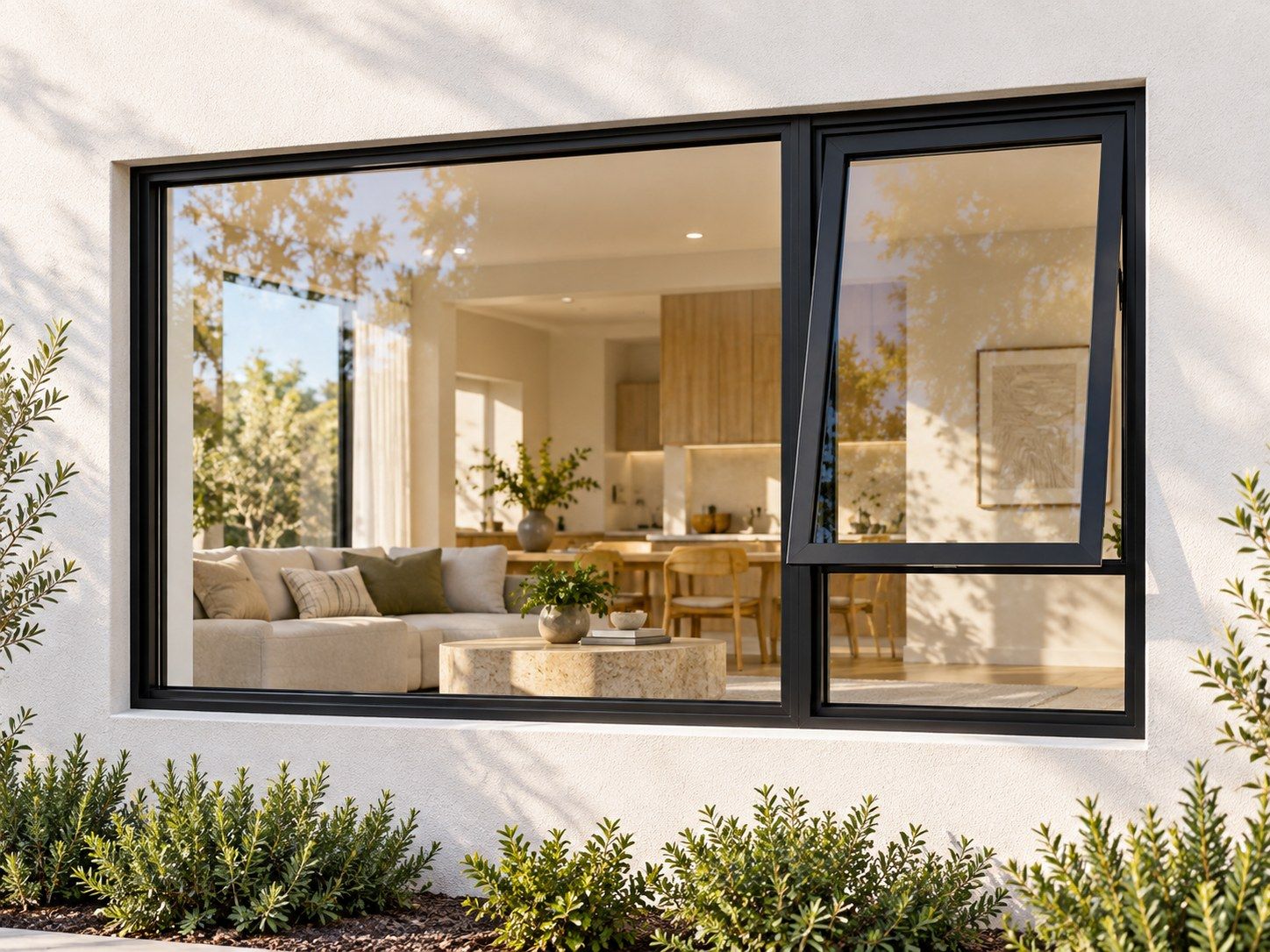 Kenzo Premium Top-Hung Aluminium Window - Black, 2100 600 mm, Right Upper Opener with Fixed Side Pane, Clear Glass