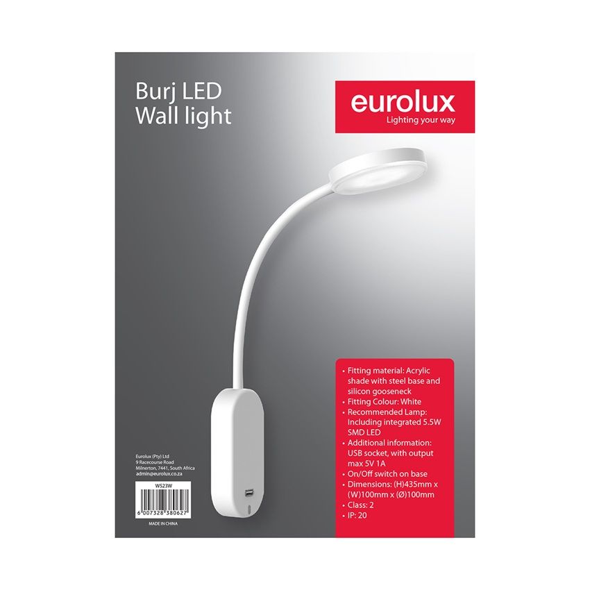 Burj Usb Wall Light 100Mm White - 2 Pack