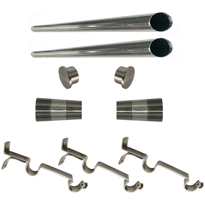 Matoc 25mm Double Curtain Pole Set -SIlver -Dbl extend brkts -Cone Finials -2.0m
