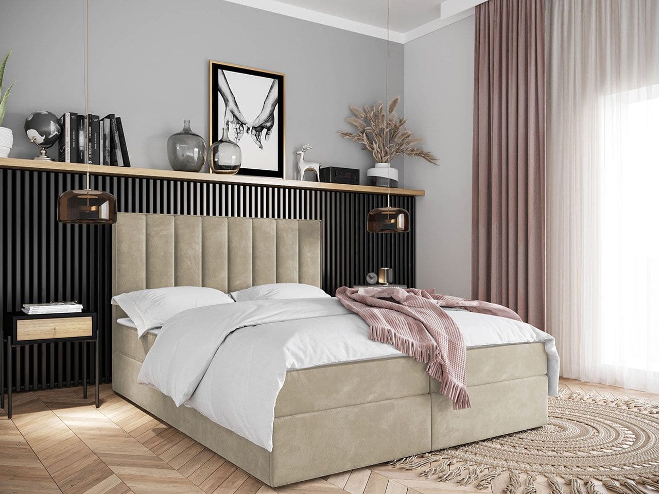Modern Upholstered Bed Queen Size XL - Beige