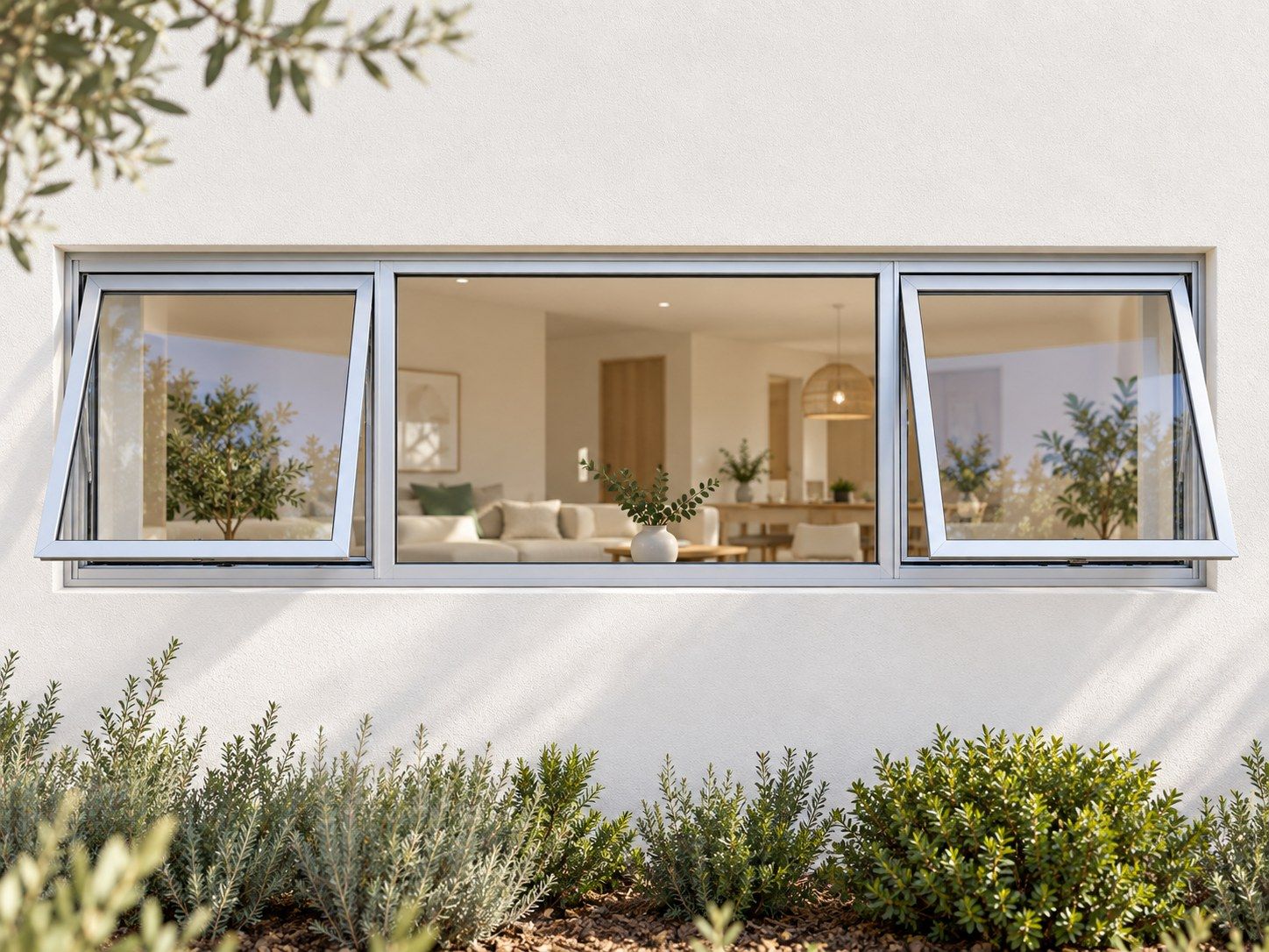 Kenzo Premium Top-Hung Aluminium Window - Silver, 2400 600 mm, Two Outer Openers with Fixed Centre, Clear Glass