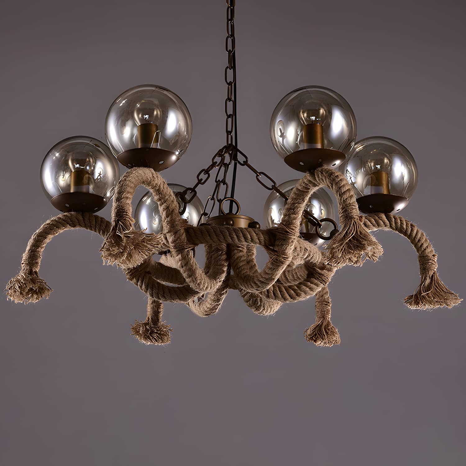 Old-Fashioned 6-Light Rope Chandelier – Vintage Glass Shade Ceiling Light