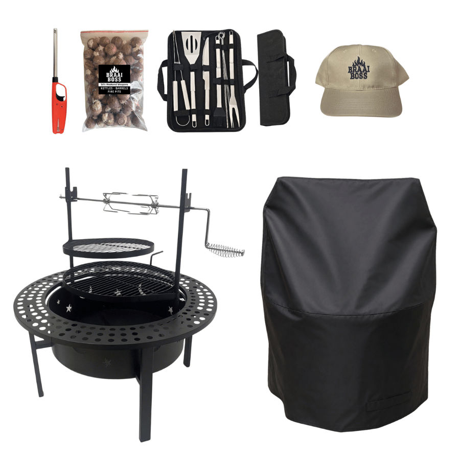 BraaiBoss 60cm Mega Fire Pit & Braai Grill with Rotisserie, Cover & Braai Tool Set