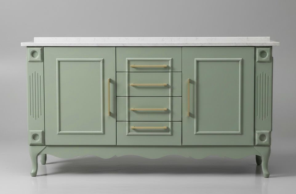 Double vanity , sage green w/ quartz top