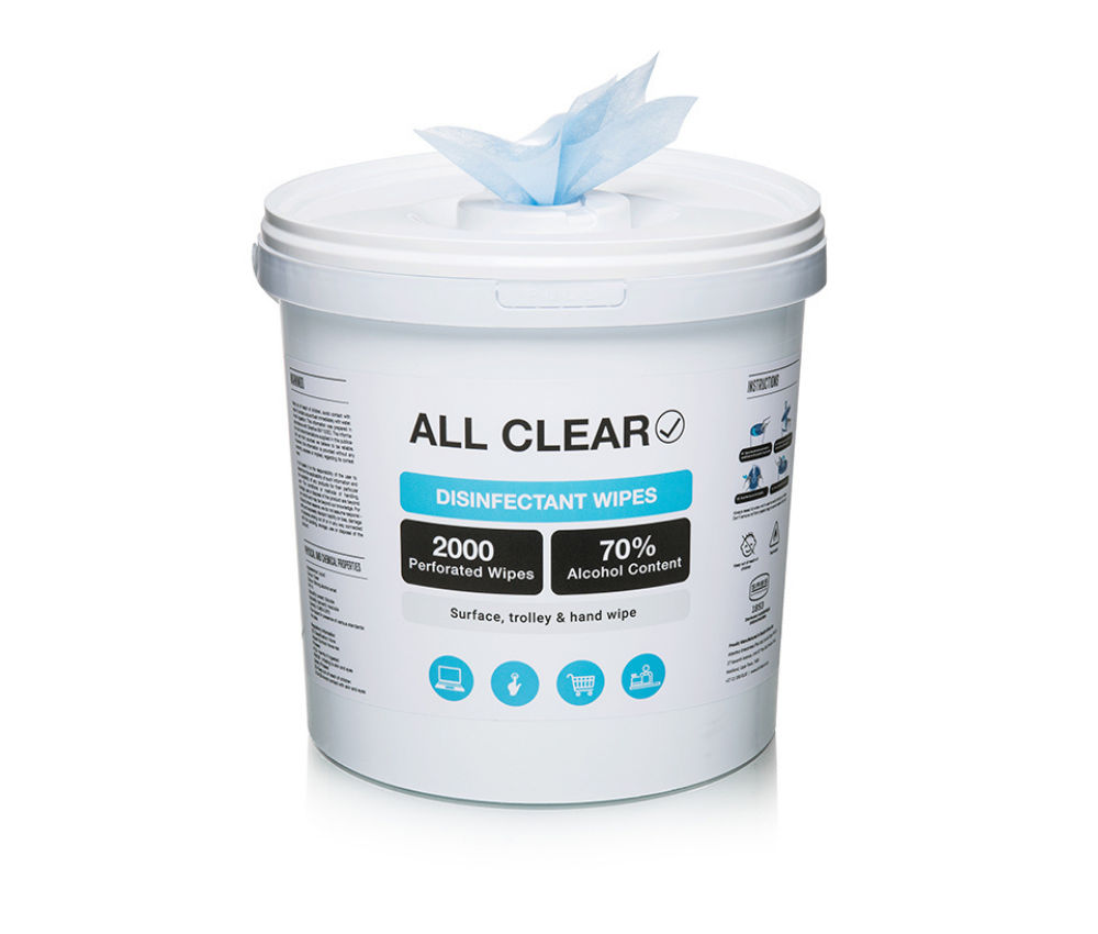 All Clear - Pack Of 2 - 2000 - 70% Alcohol Disinfectant Wipes Bucket