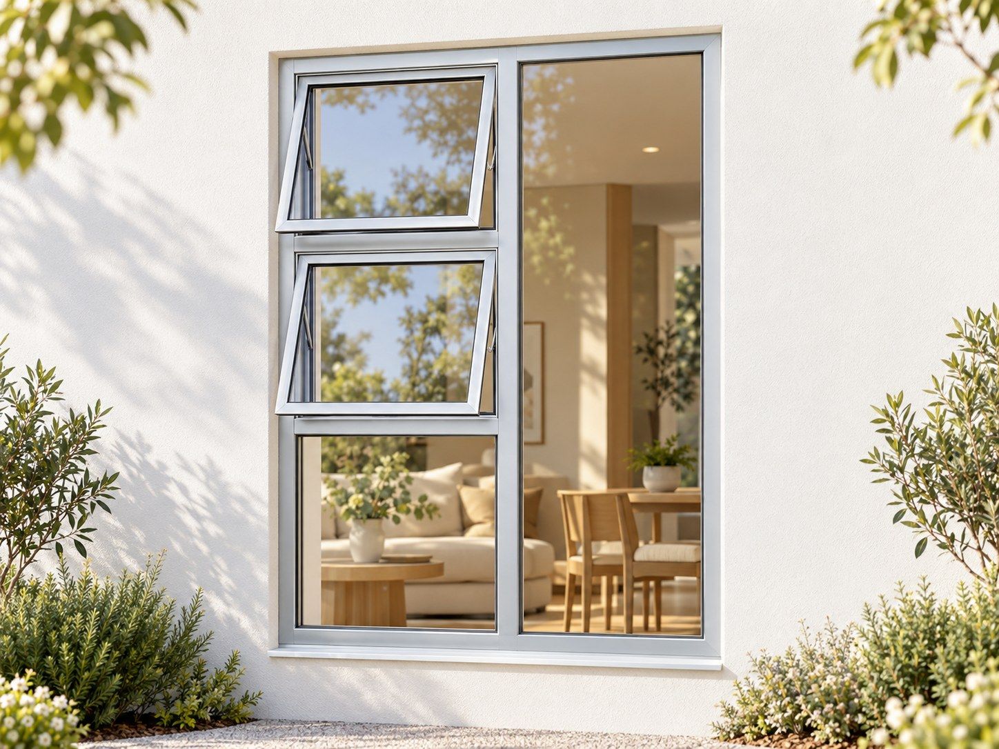 Kenzo Premium Top-Hung Aluminium Window - Silver, 1200 1800 mm, Left Two Openers with Fixed Lower and Side Panes, Clear Glass