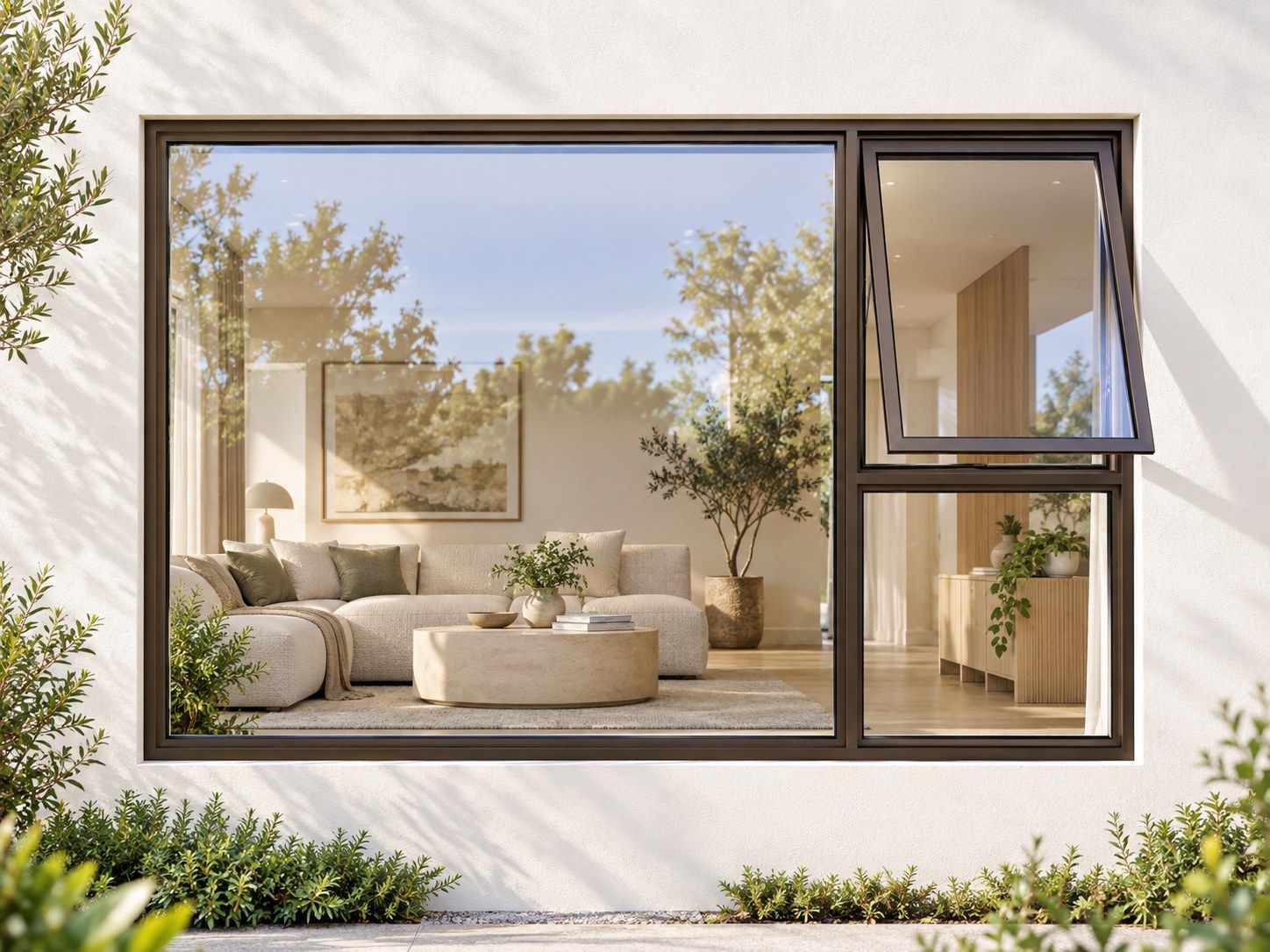 Kenzo Premium Top-Hung Aluminium Window - Bronze, 2400 900 mm, Right Upper Opener with Fixed Lower and Side Panes, Clear Glass