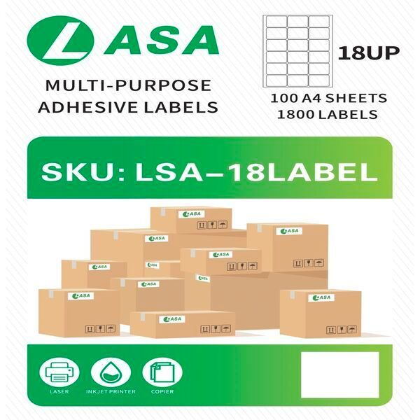 LASA 18 UP Label A4 Adhesive 100 Sheets